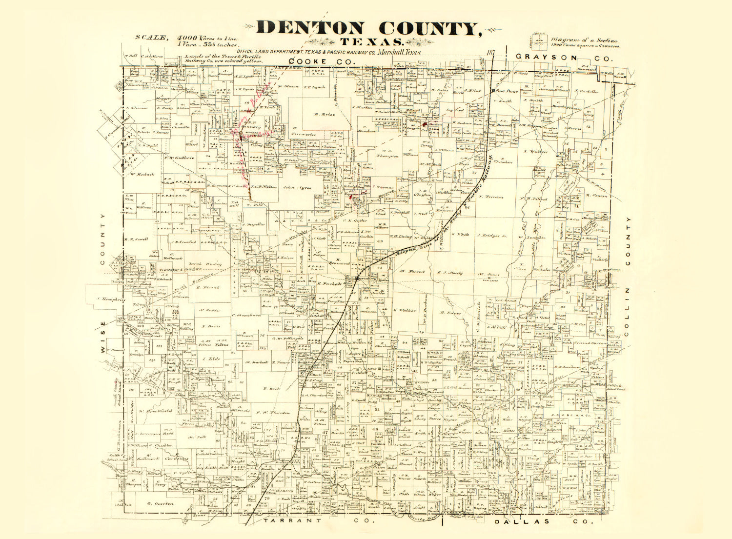 Vintage Map of Denton County, Texas 1870