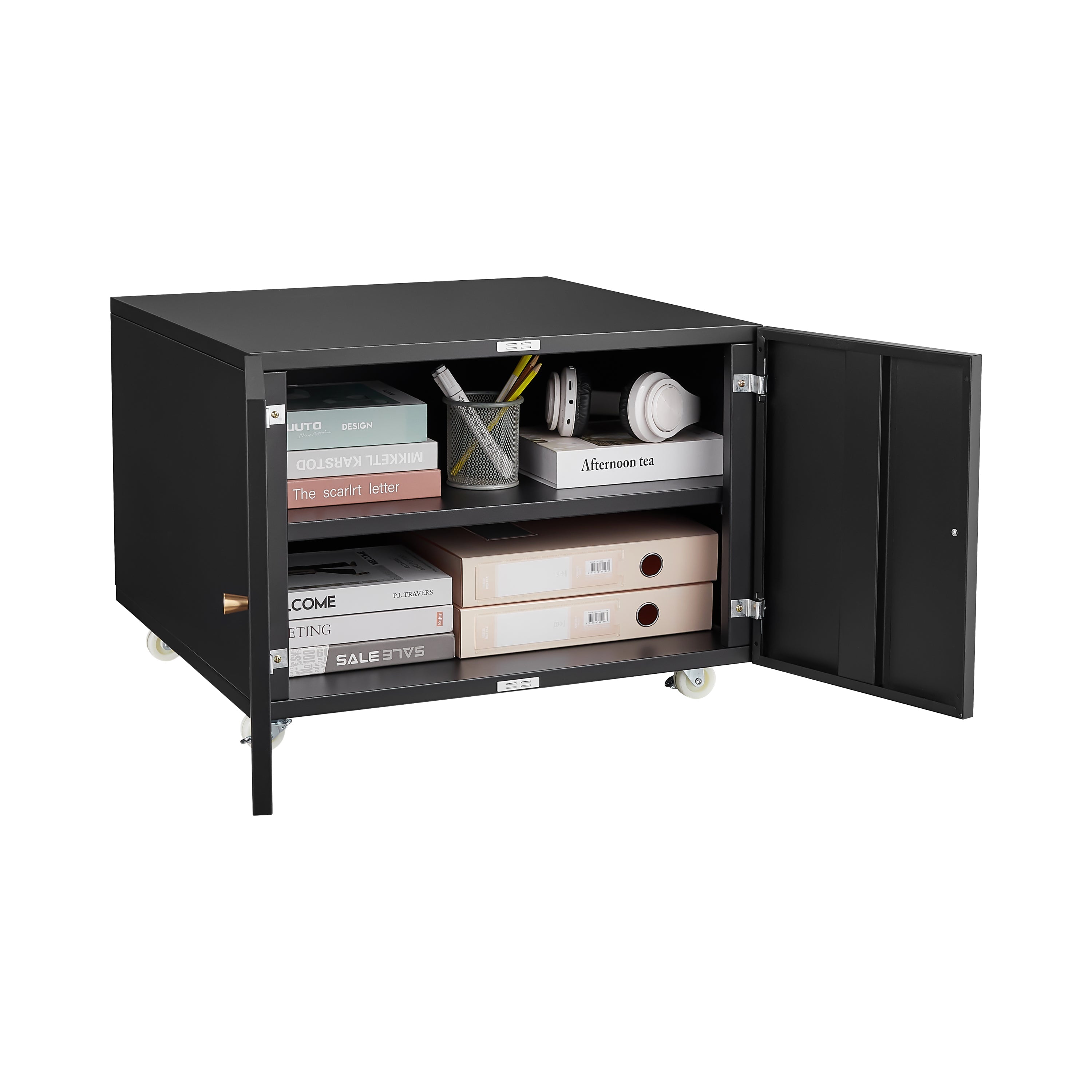 Modern Office Copier Cabinet Black 2-Door Steel Mobile Pedestal File Printer Stand