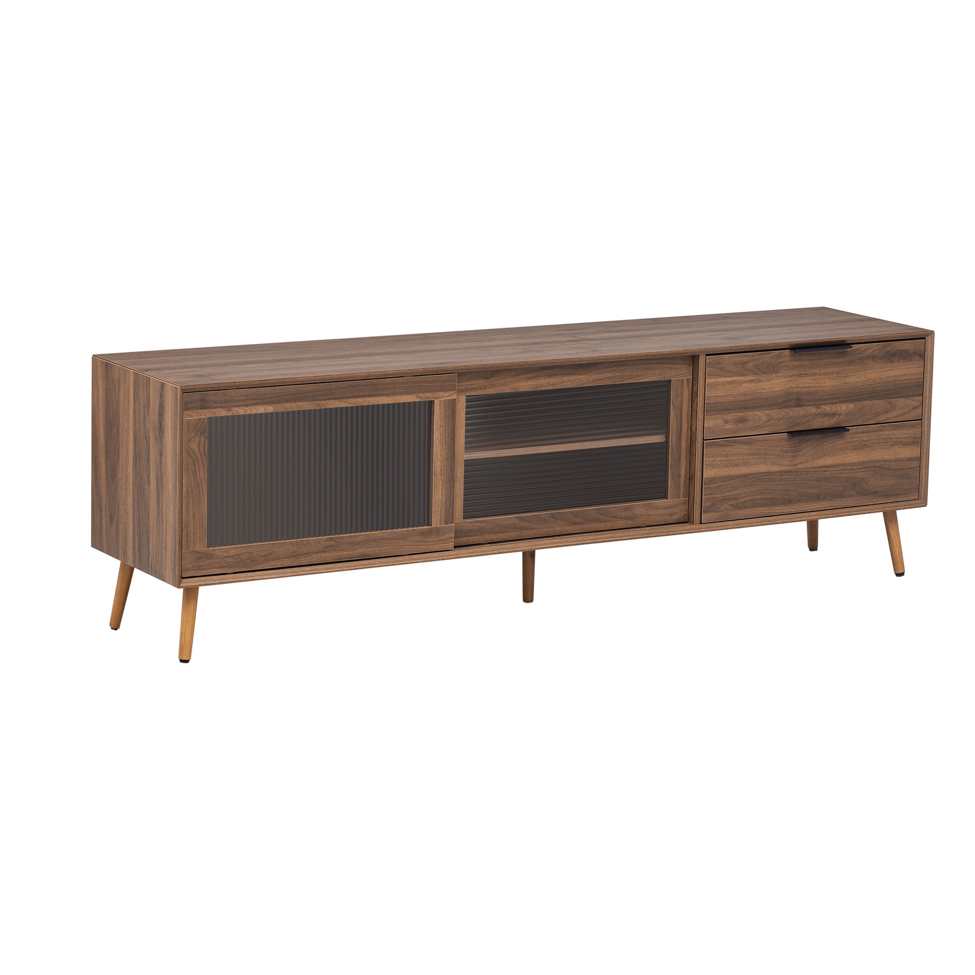 Modern TV Stand for 75'+ TV, TV Console with 2 Glass Doors, Entertainment Center with 2 Drawers & Storage Cabinet, 70' Media Console Table for Living Room, Bedroom