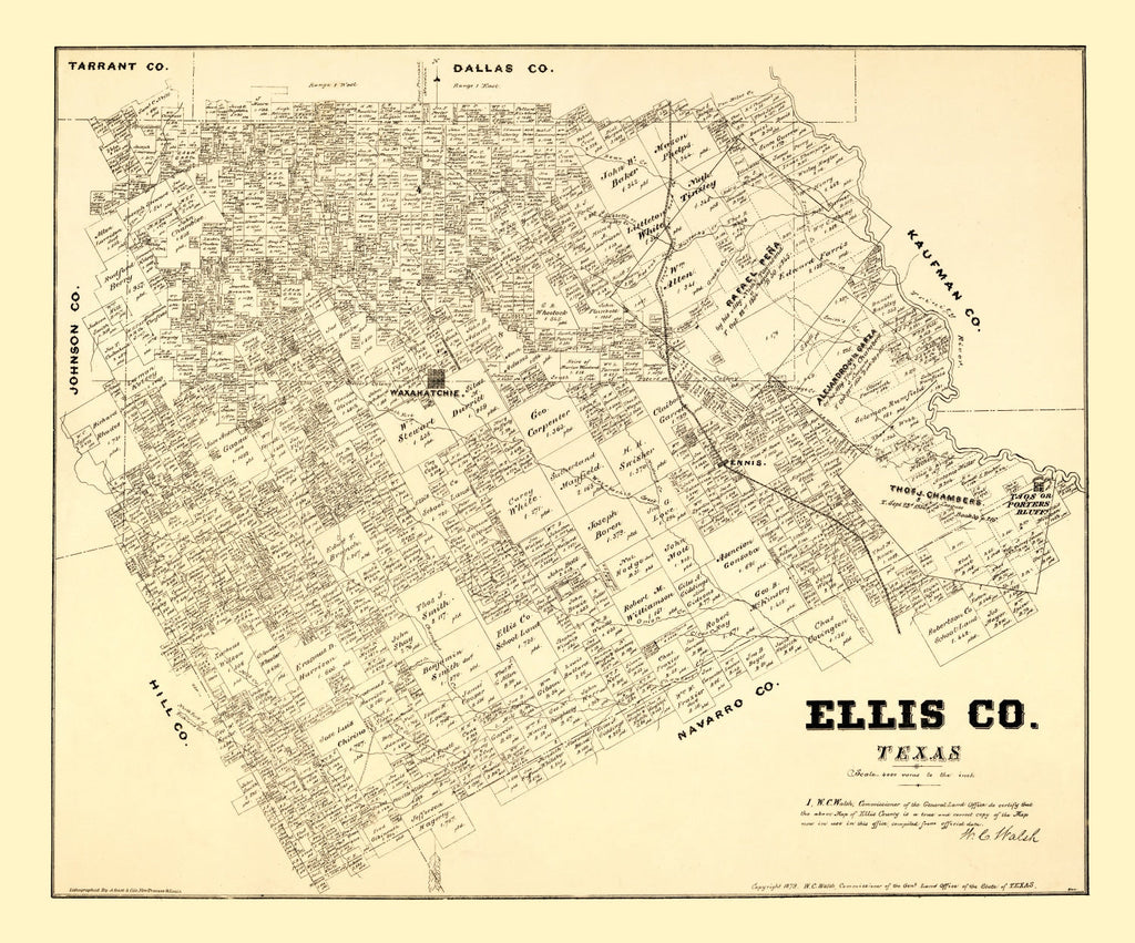 Vintage Map of Ellis County, Texas 1879