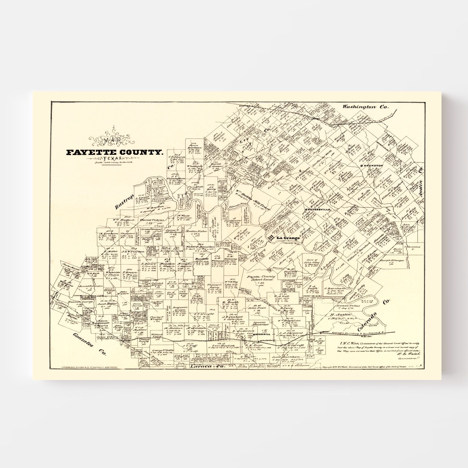 Vintage Map of Fayette County, Texas 1879