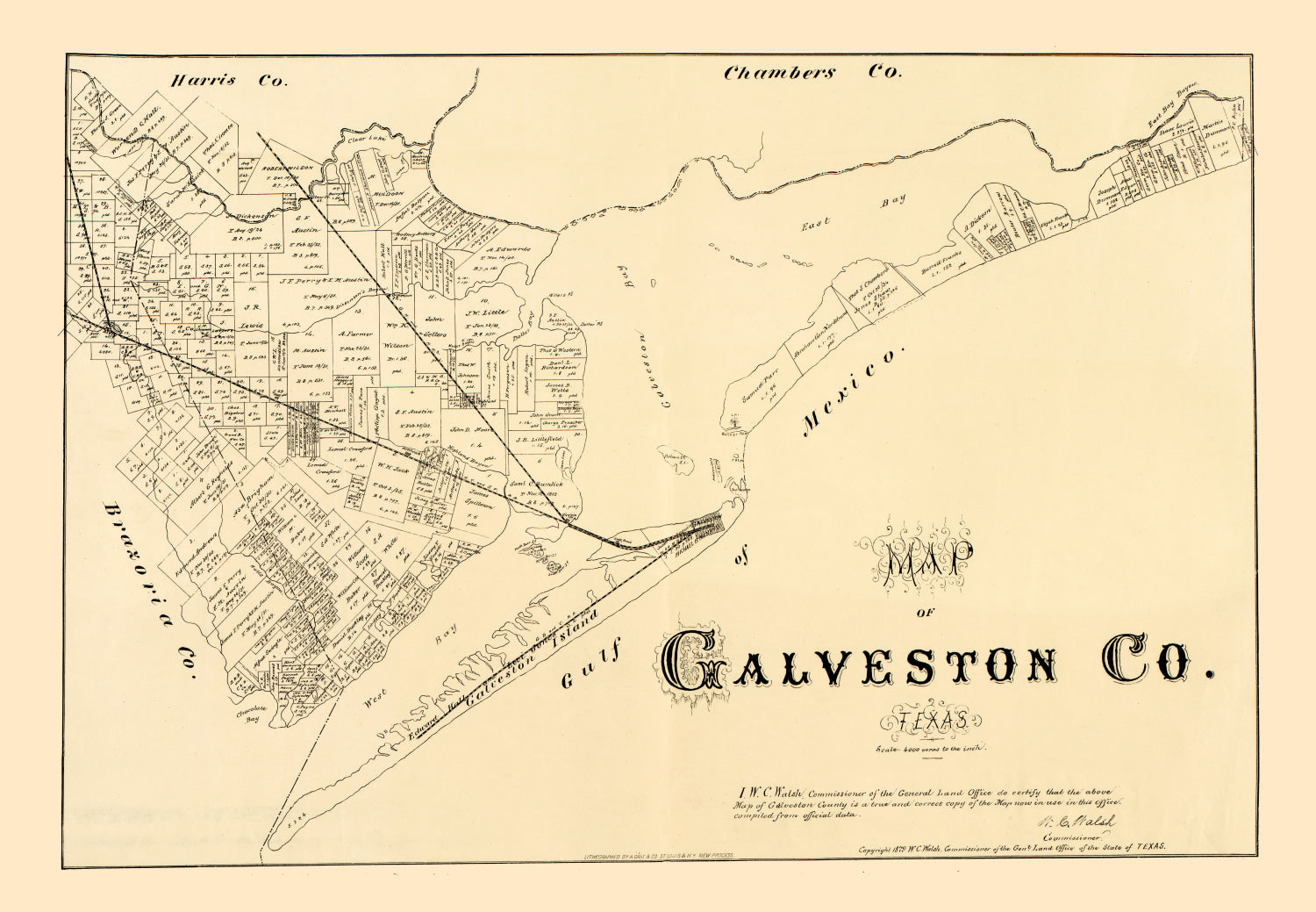 Vintage Map of Galveston County, Texas 1879