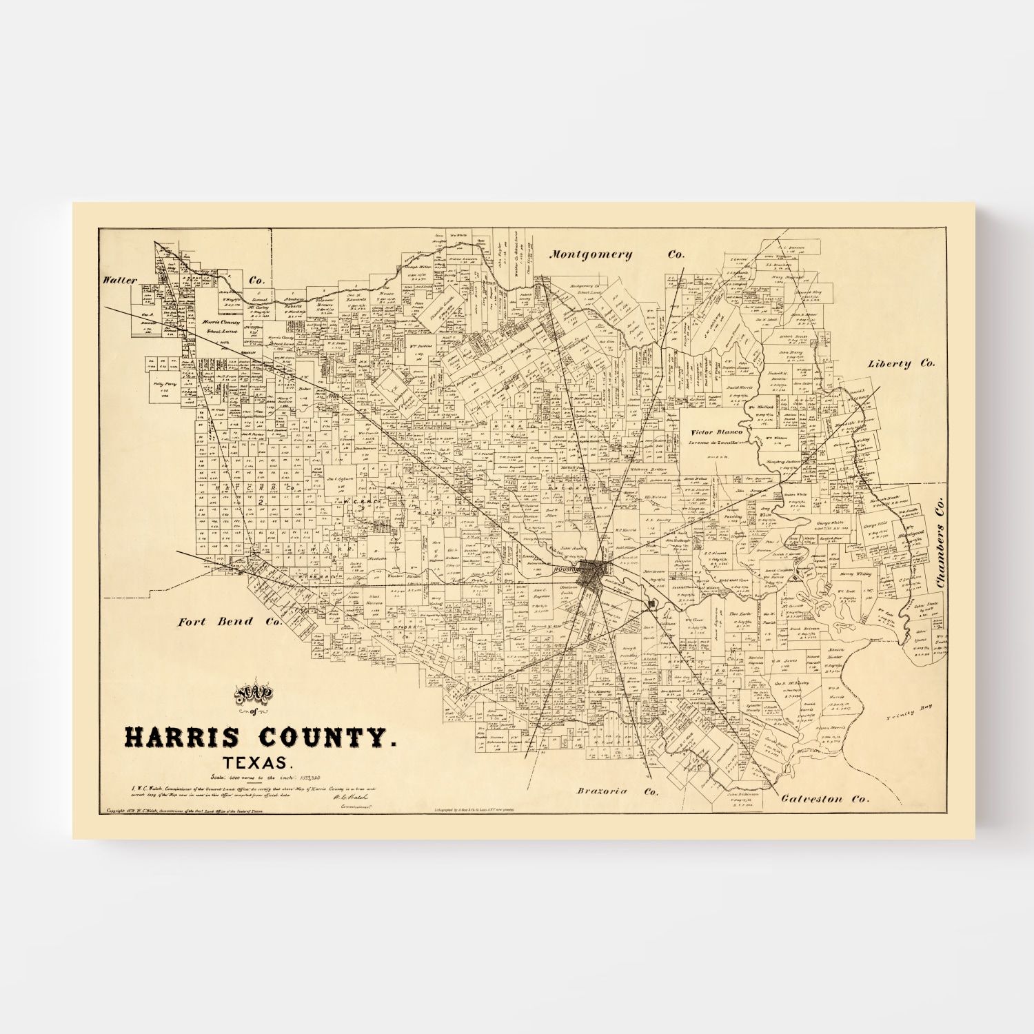 Vintage Map of Harris County, Texas 1879