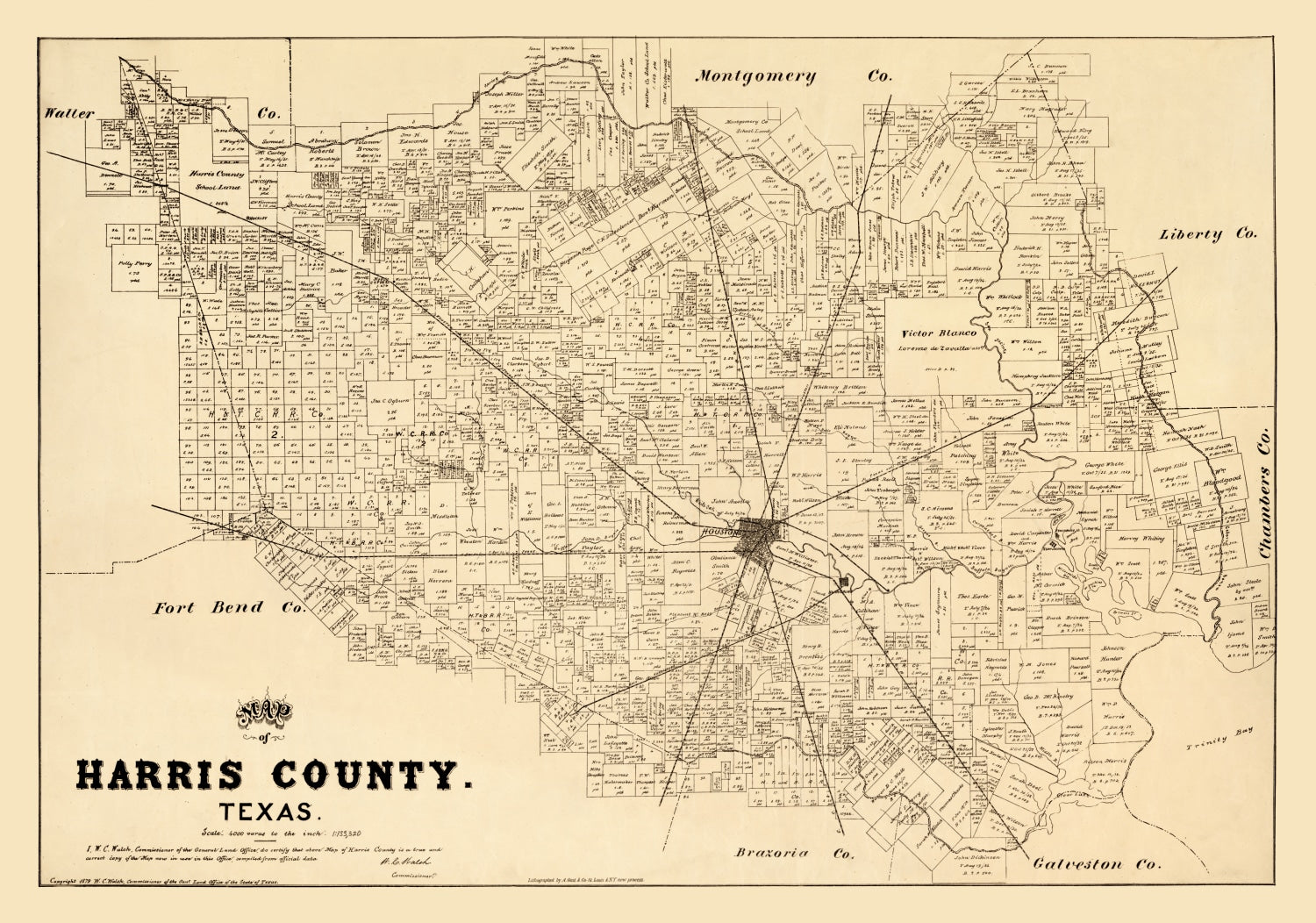 Vintage Map of Harris County, Texas 1879