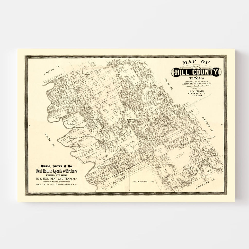 Vintage Map of Hill County, Texas 1886
