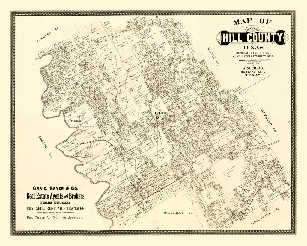 Vintage Map of Hill County, Texas 1886