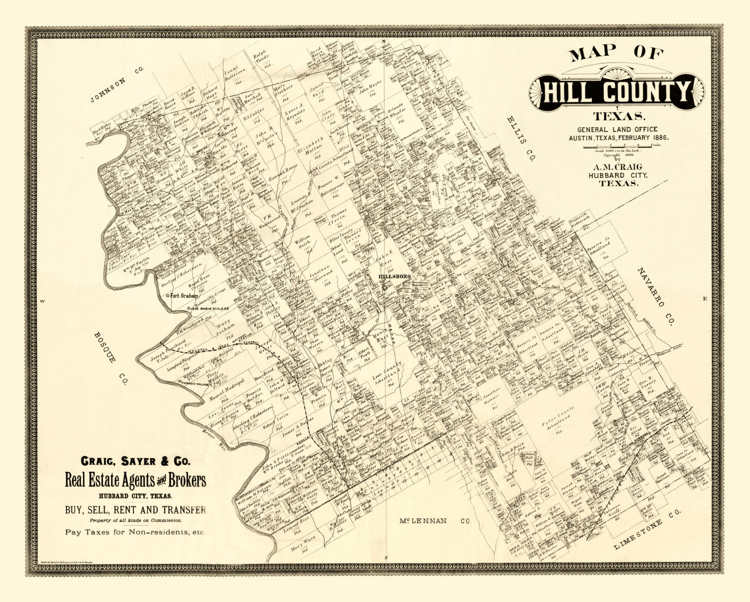 Vintage Map of Hill County, Texas 1886