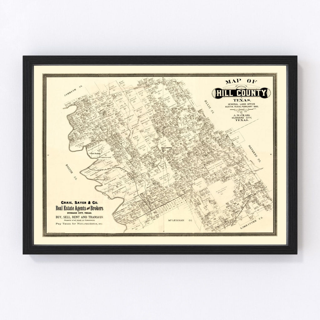 Vintage Map of Hill County, Texas 1886