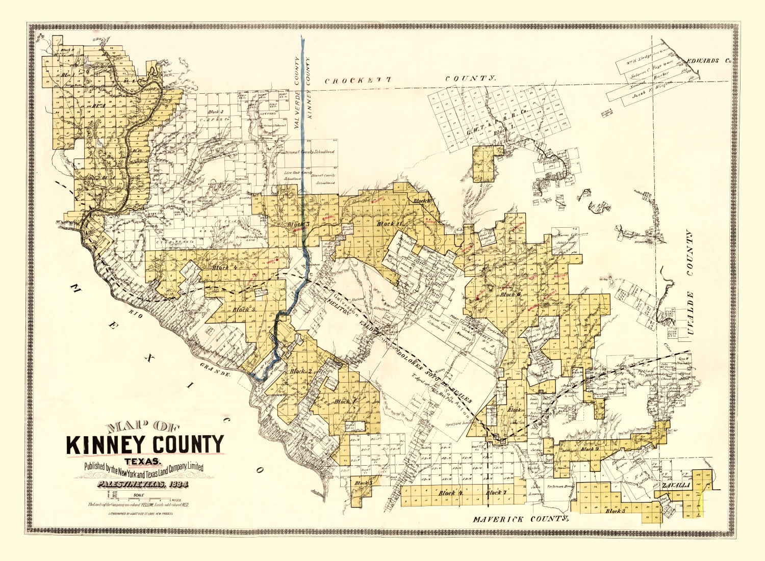 Vintage Map of Kinney County, Texas 1884