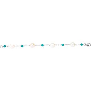 Sterling Silver Cultured White Freshwater Pearl & Natural Turquoise Station 7 1/2" Bracelet – image 3