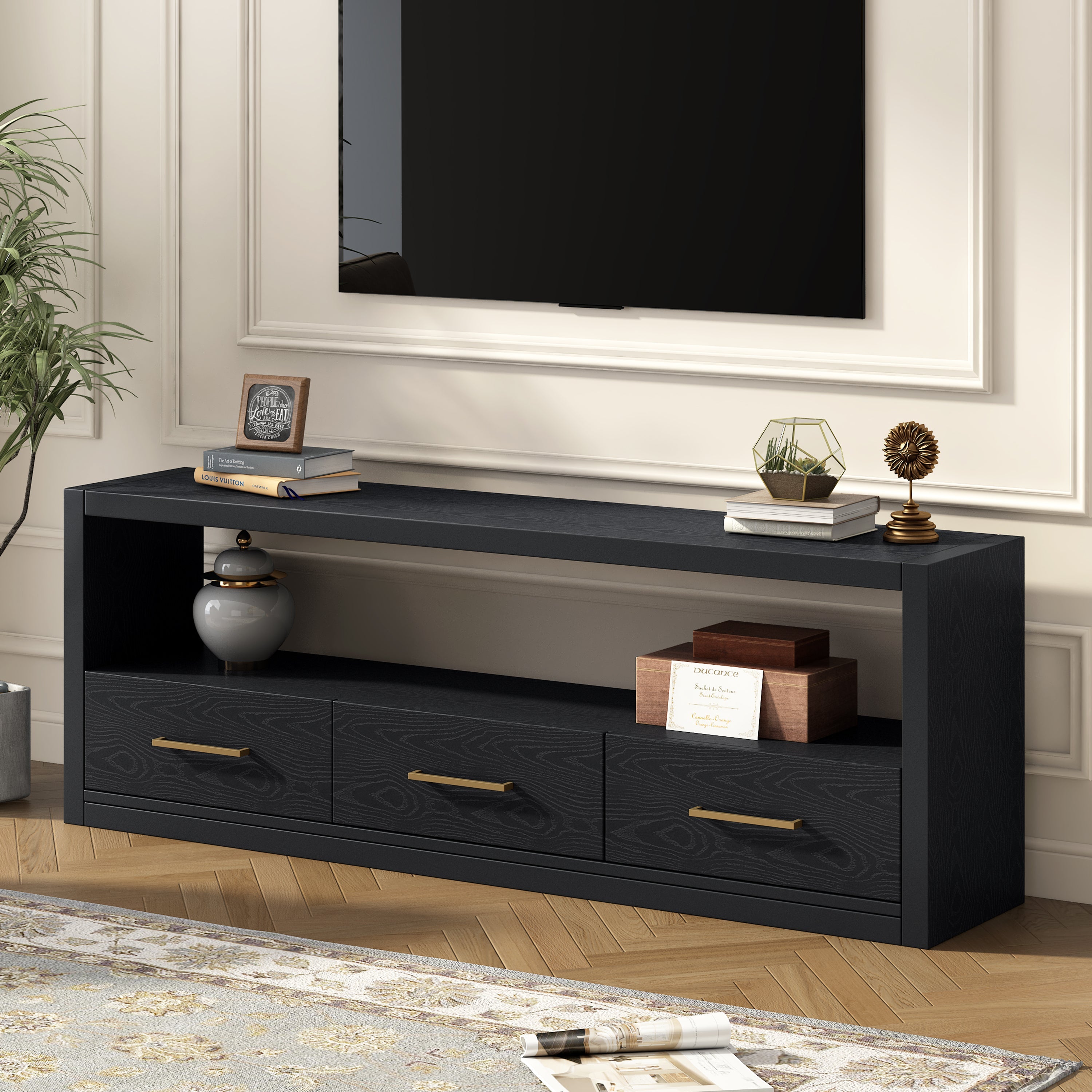 Mirod Stylish TV Stand with Ample Storage,Classic Design with Three Drawers and Spacious Surface,Minimalist Metal Handles,Versatile as TV Console or Side Cabinet