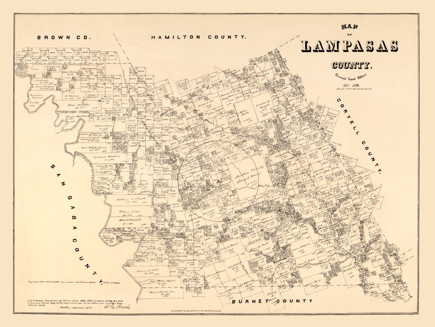 Vintage Map of Lampasas County, Texas 1879