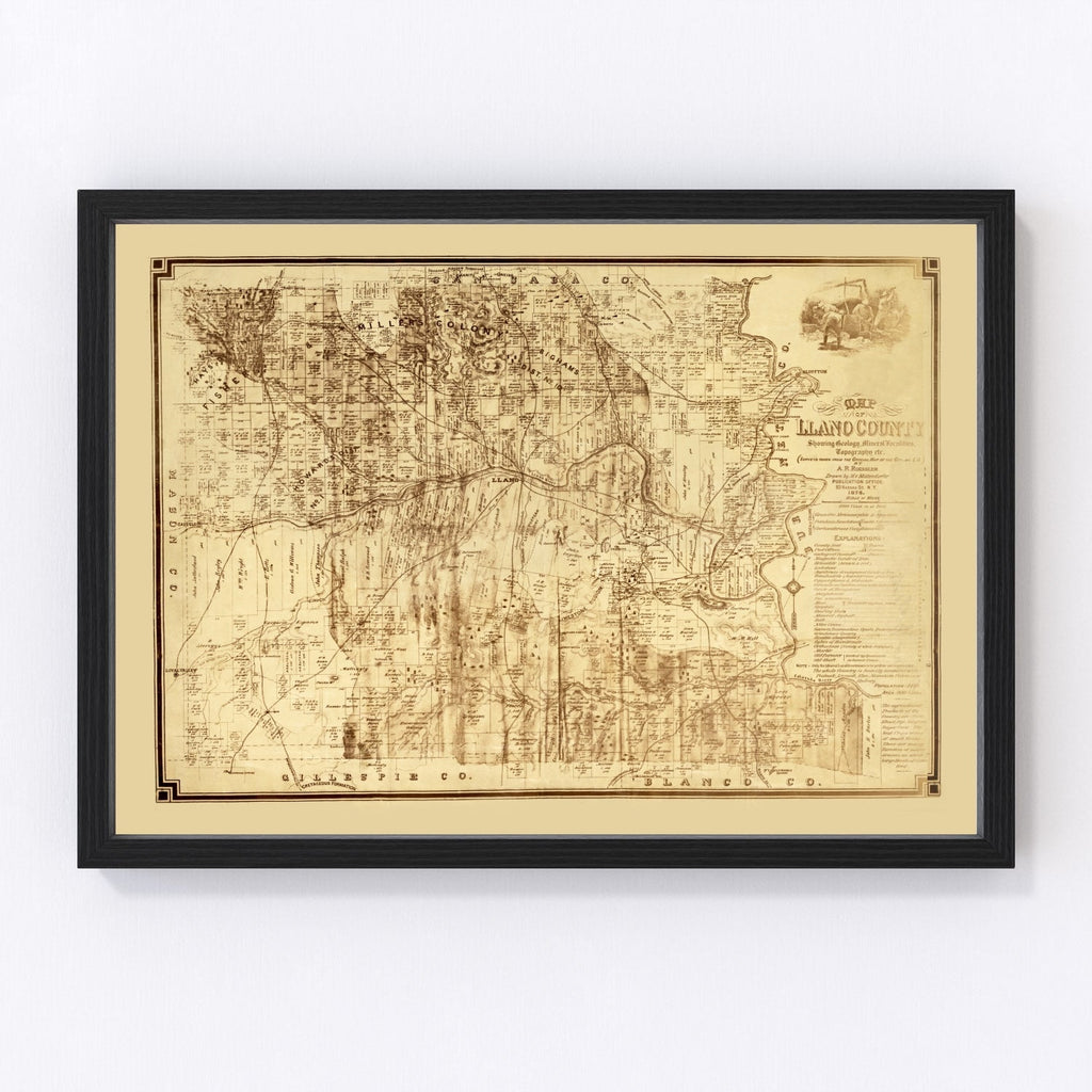 Vintage Map of Llano County, Texas 1875