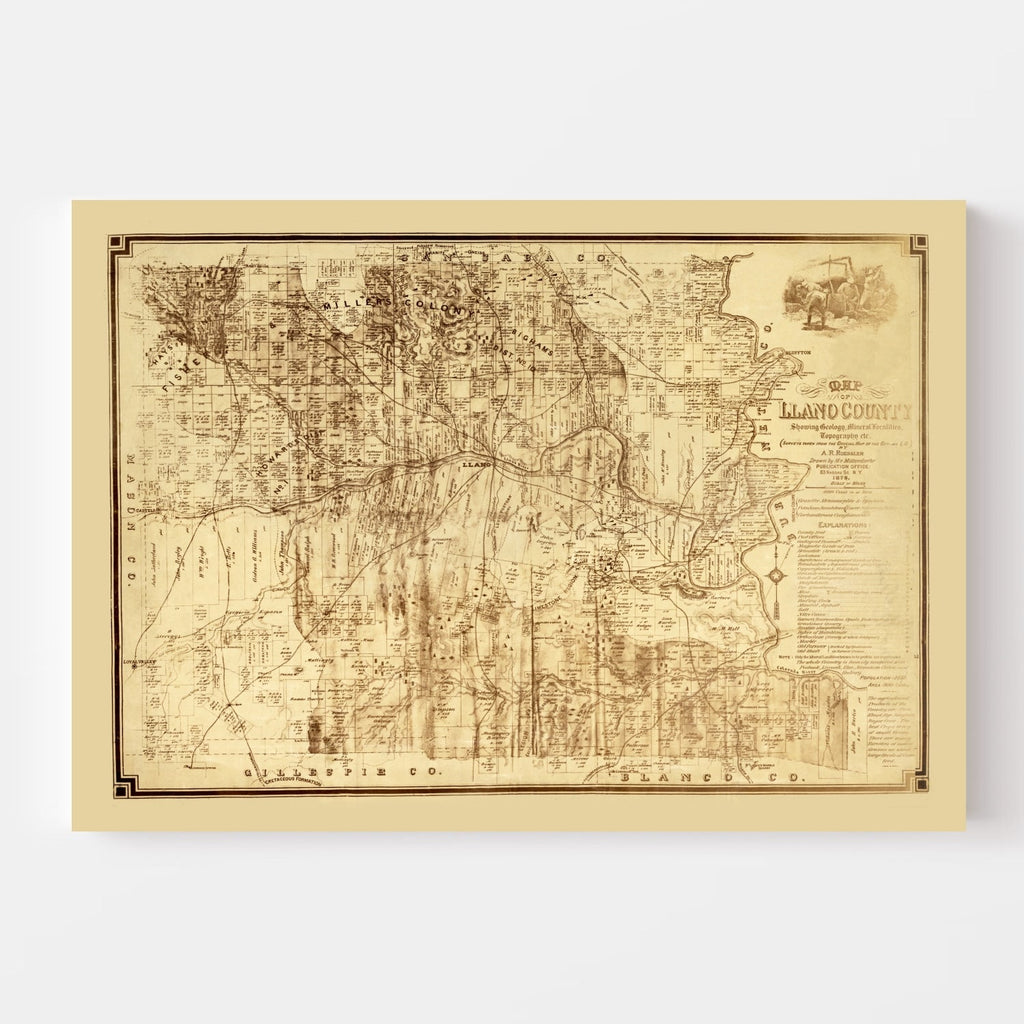 Vintage Map of Llano County, Texas 1875