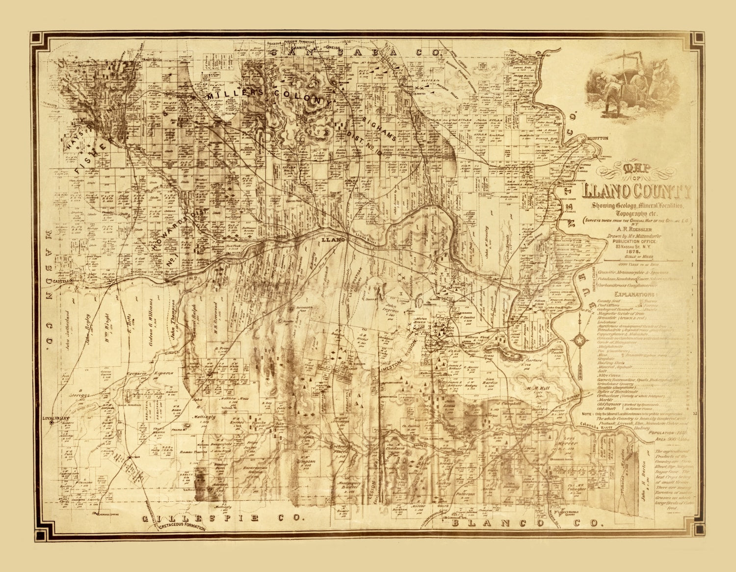 Vintage Map of Llano County, Texas 1875