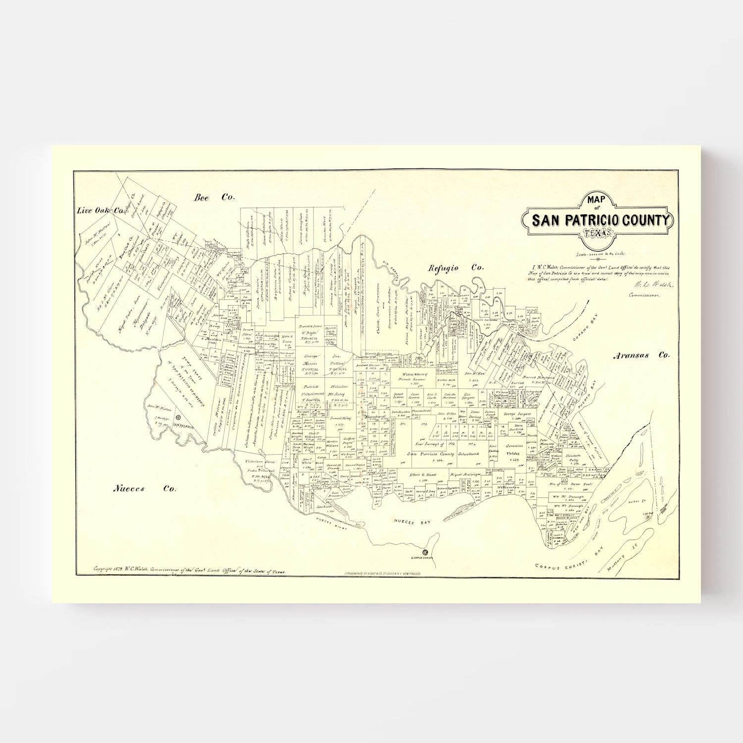 Vintage Map of San Patricio County, Texas 1879