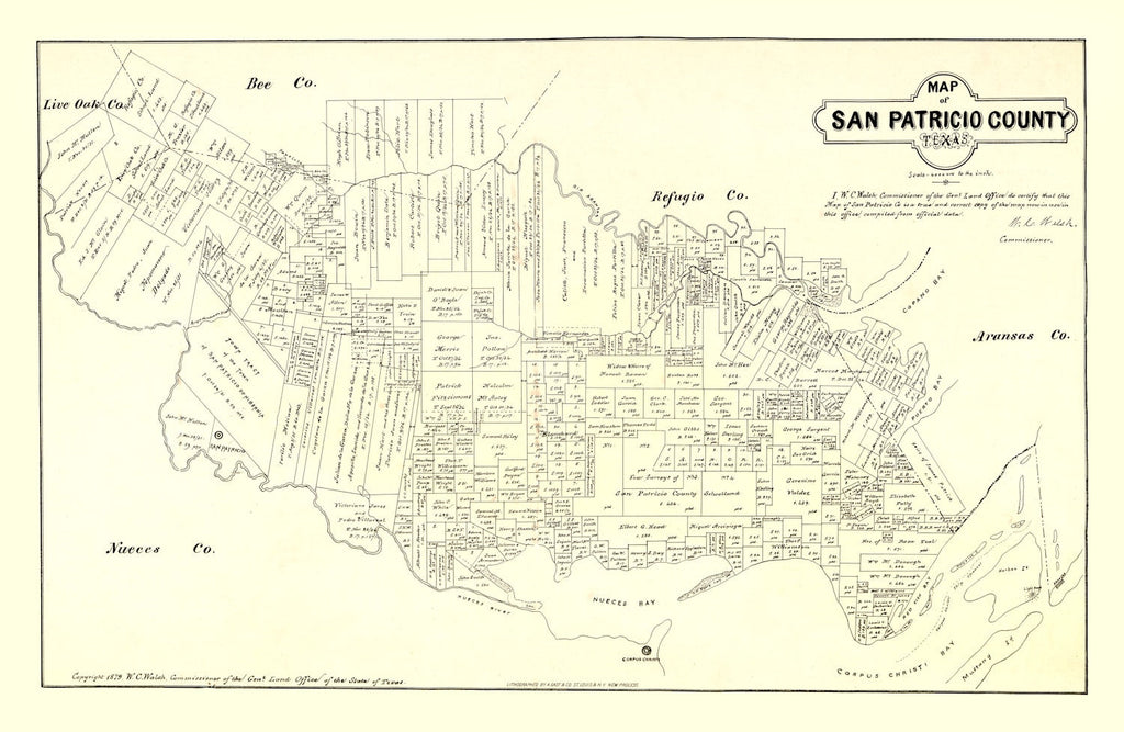 Vintage Map of San Patricio County, Texas 1879
