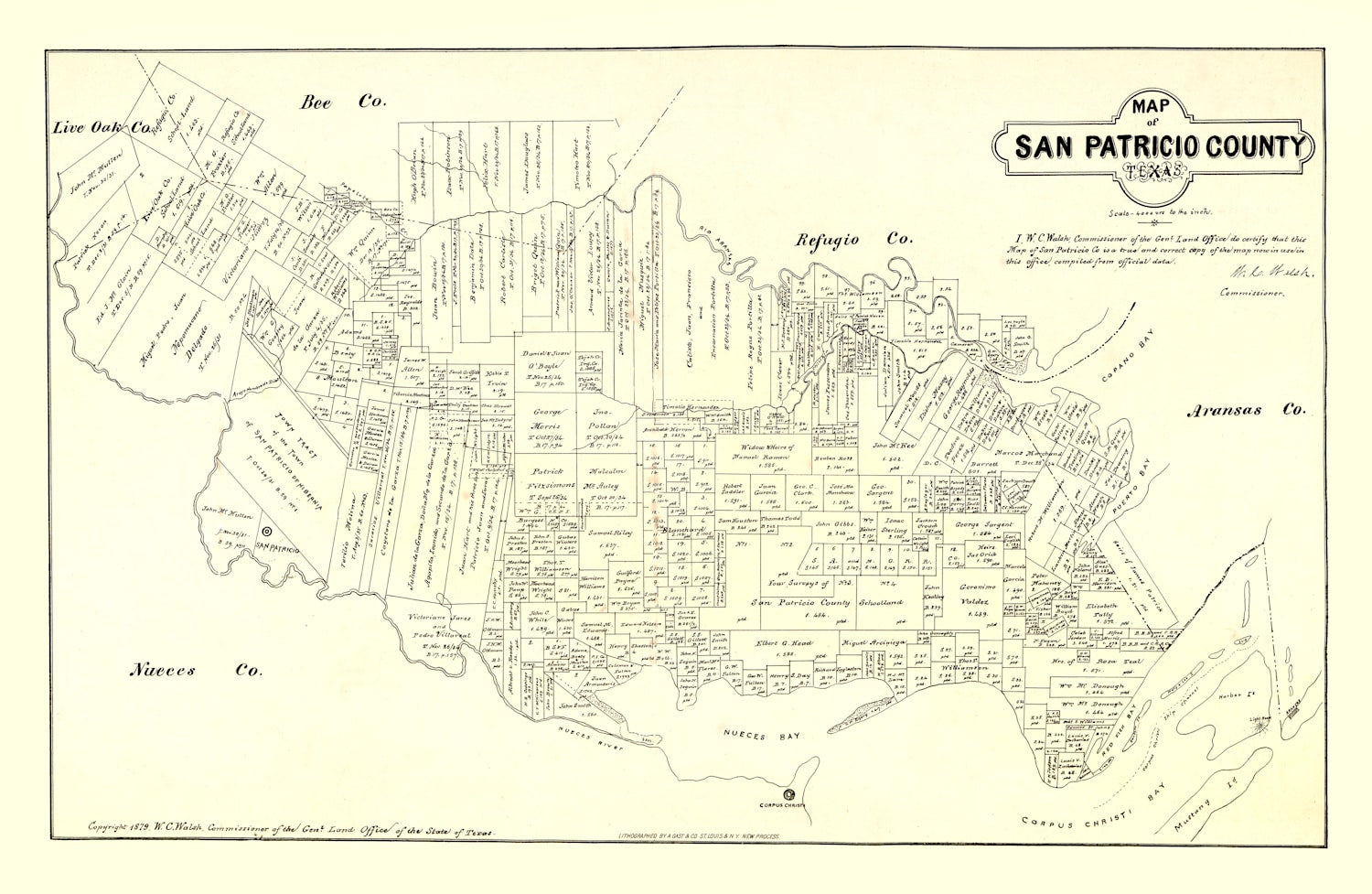 Vintage Map of San Patricio County, Texas 1879