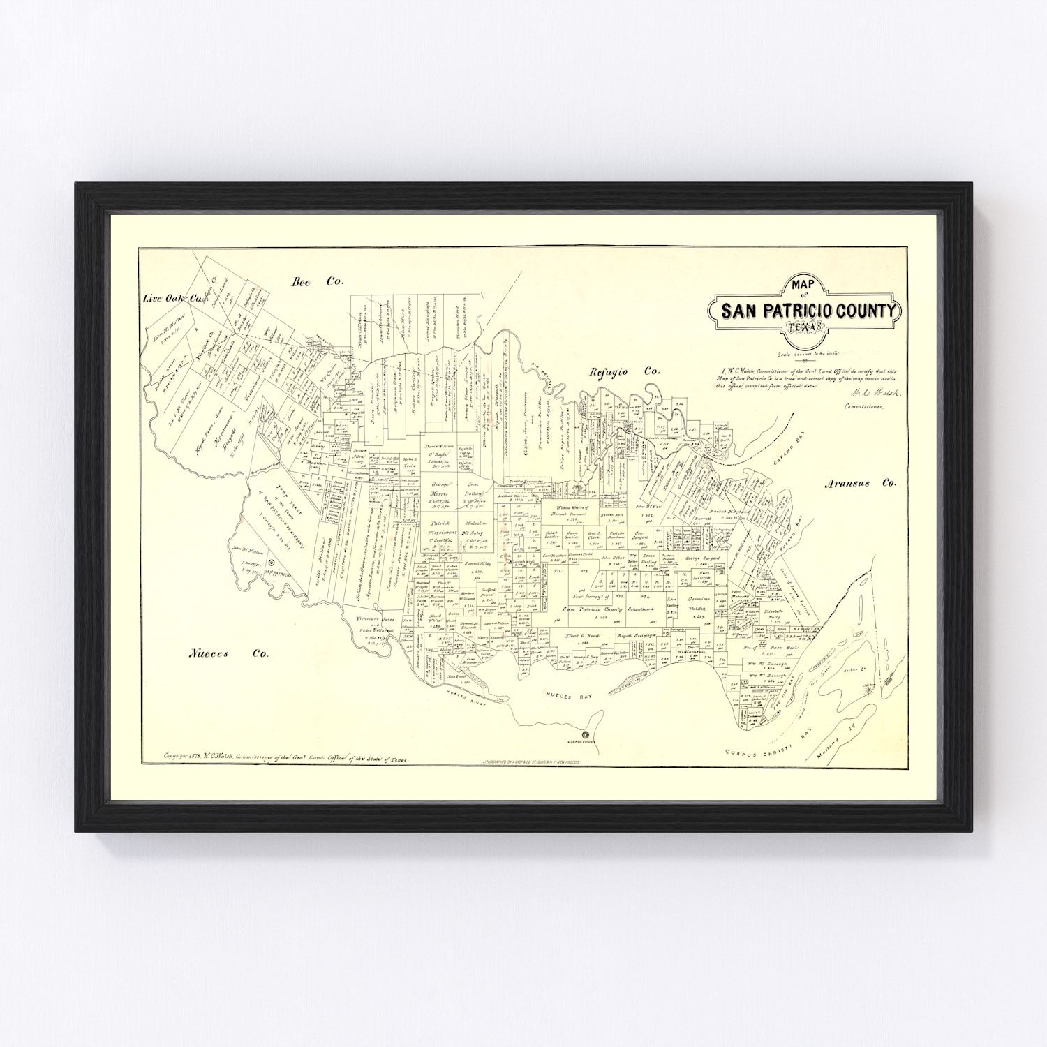 Vintage Map of San Patricio County, Texas 1879