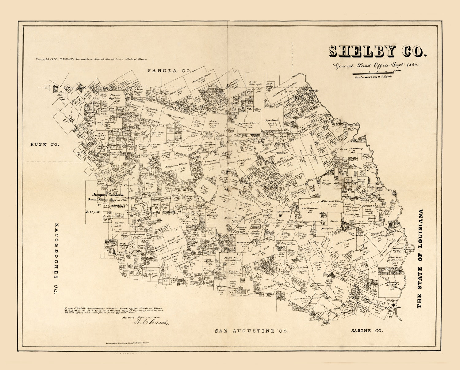 Vintage Map of Shelby County, Texas 1879