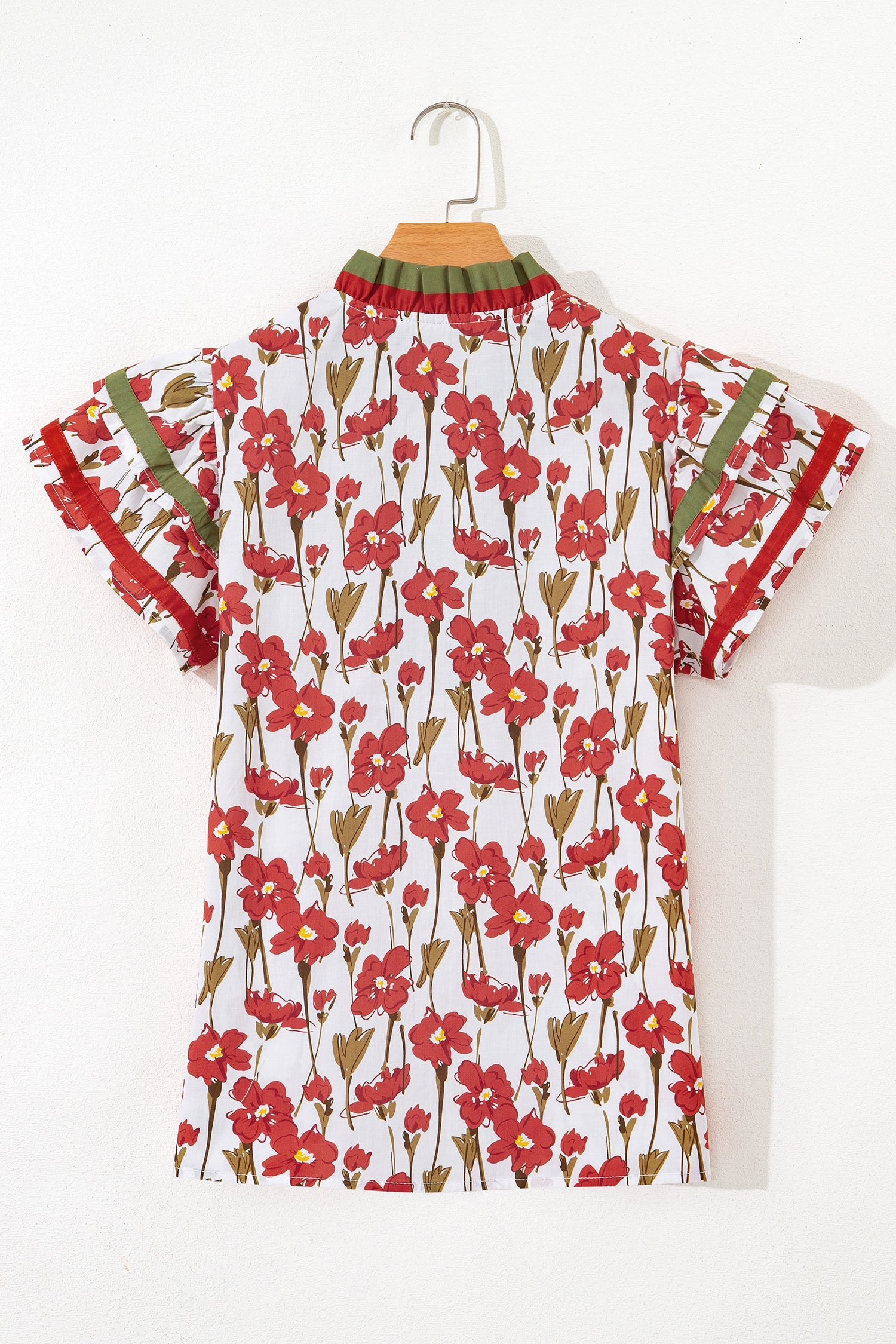 Floral Contrast Trim V-Neck Ruffle Short Sleeve Blouse