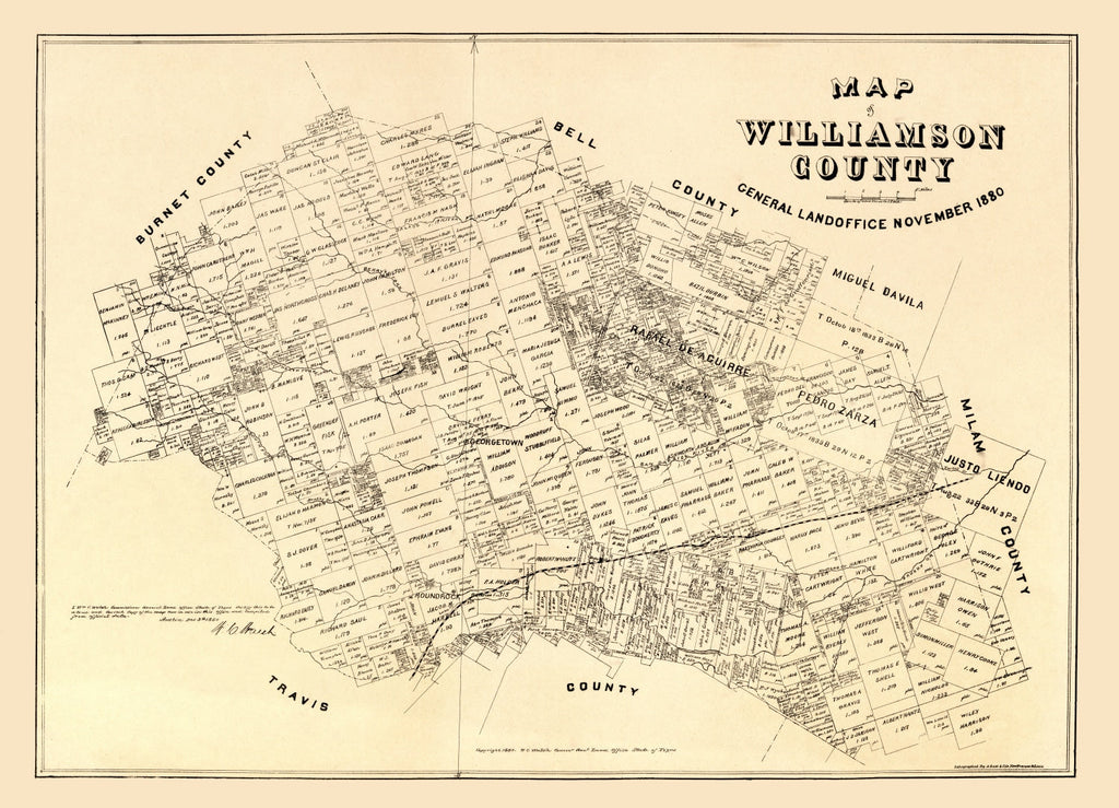 Vintage Map of Williamson County, Texas 1880