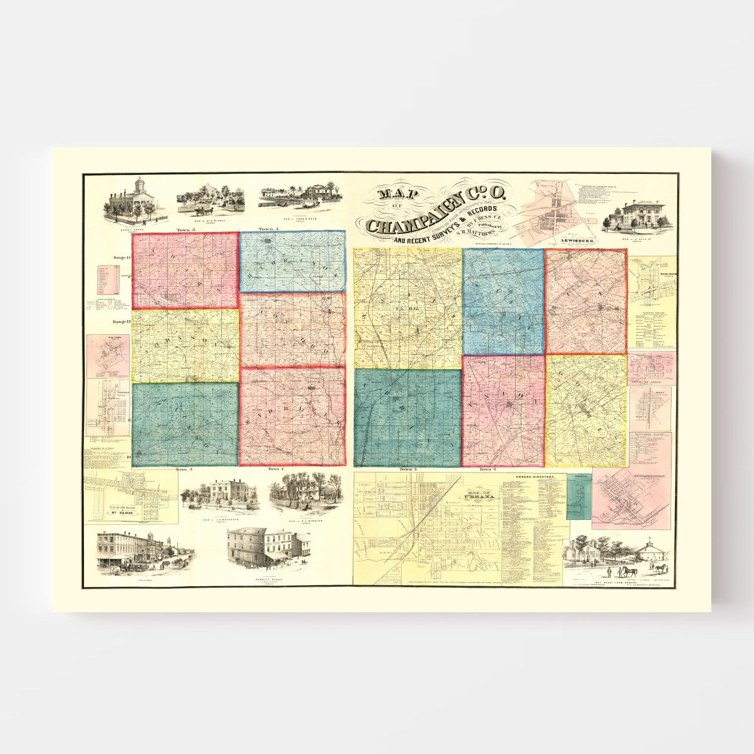Vintage Map of Champaign County, Ohio 1858