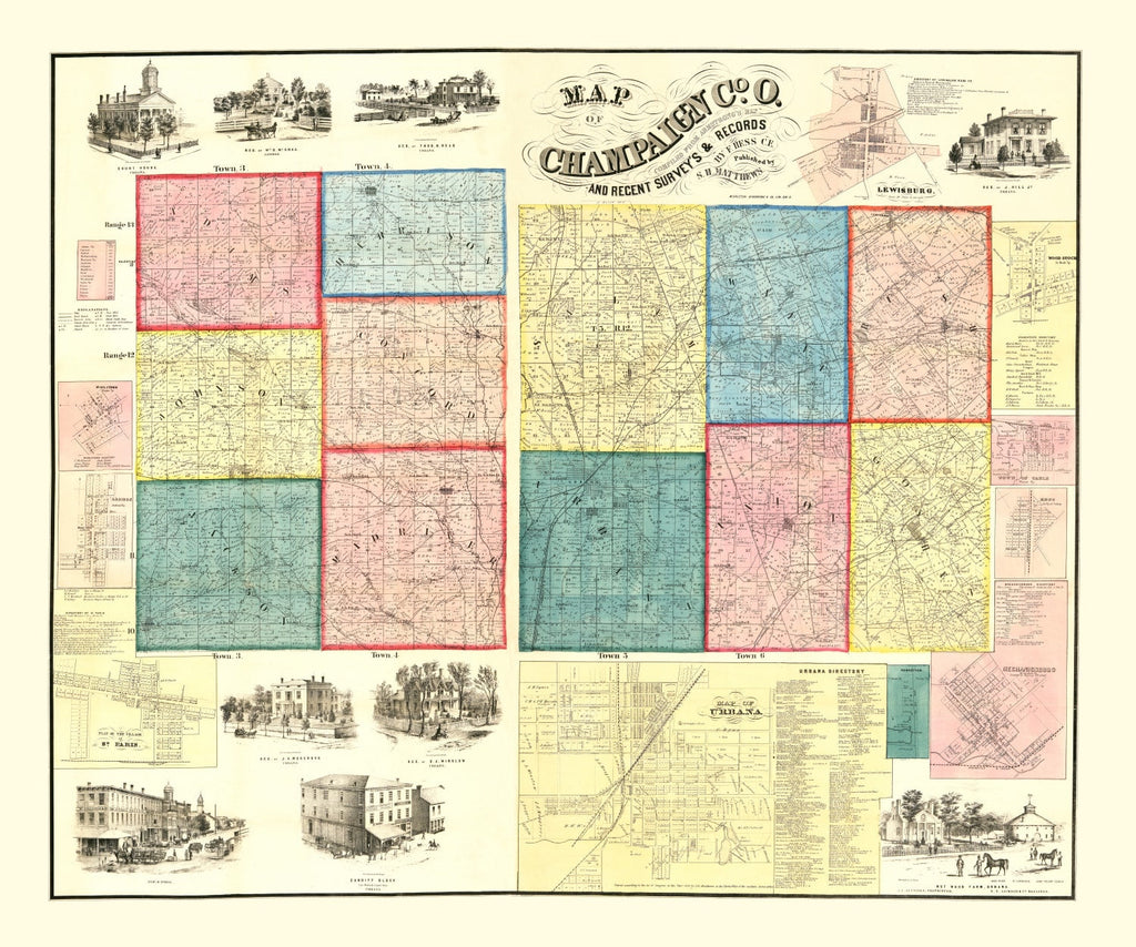 Vintage Map of Champaign County, Ohio 1858