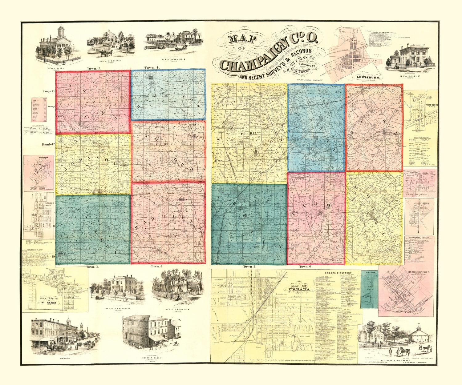 Vintage Map of Champaign County, Ohio 1858