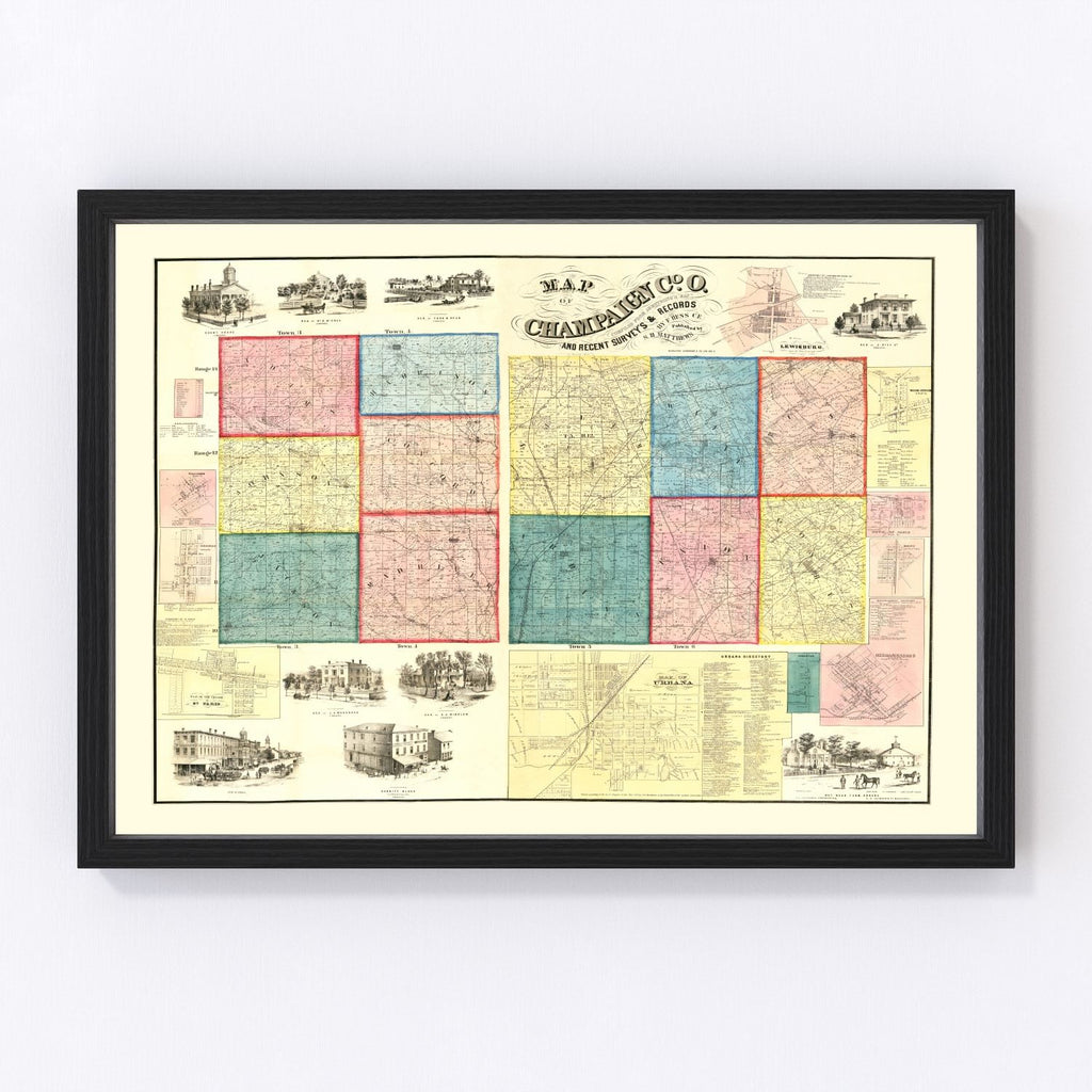 Vintage Map of Champaign County, Ohio 1858