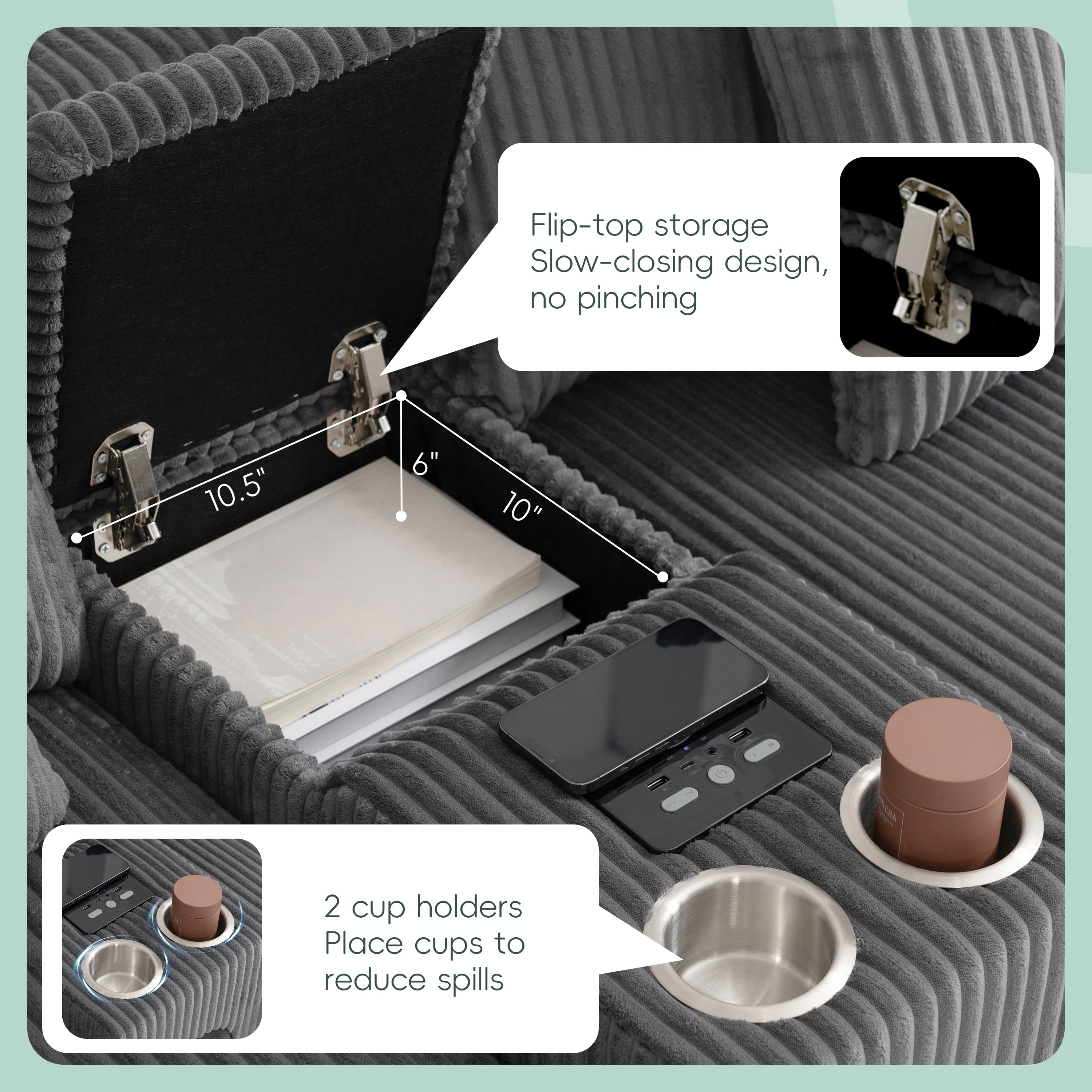Modular Corduroy Sectional Sofa with Bluetooth Speakers, USB Charger, Cup Holders, Storage, and Ottoman in Dark Gray