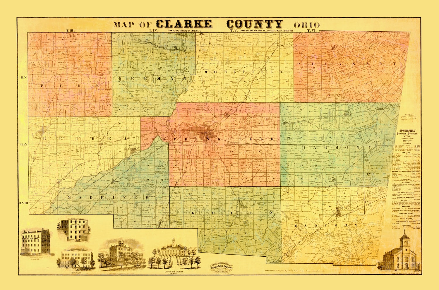 Vintage Map of Clarke County, Ohio 1859