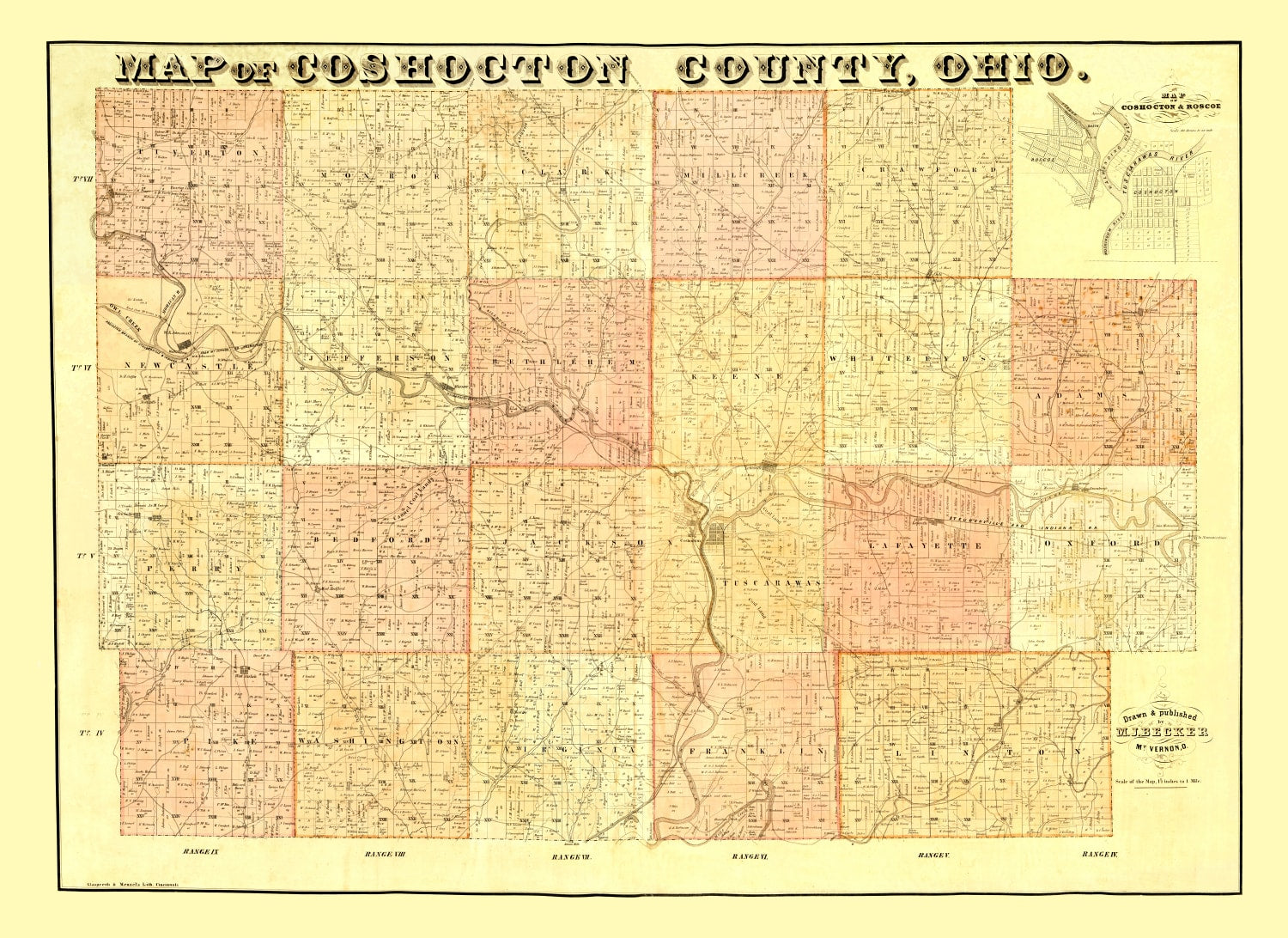 Vintage Map of Coshocton County, Ohio 1850