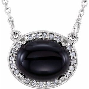 14K White Gold Natural Black Onyx & .05 CTW Natural Diamond  Halo-Style 16 1/2" Necklace