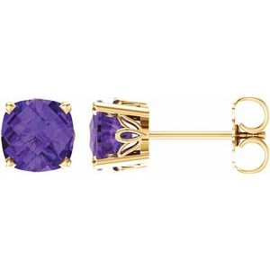 14K Yellow Gold 6x6 mm Cushion Natural Amethyst Earrings