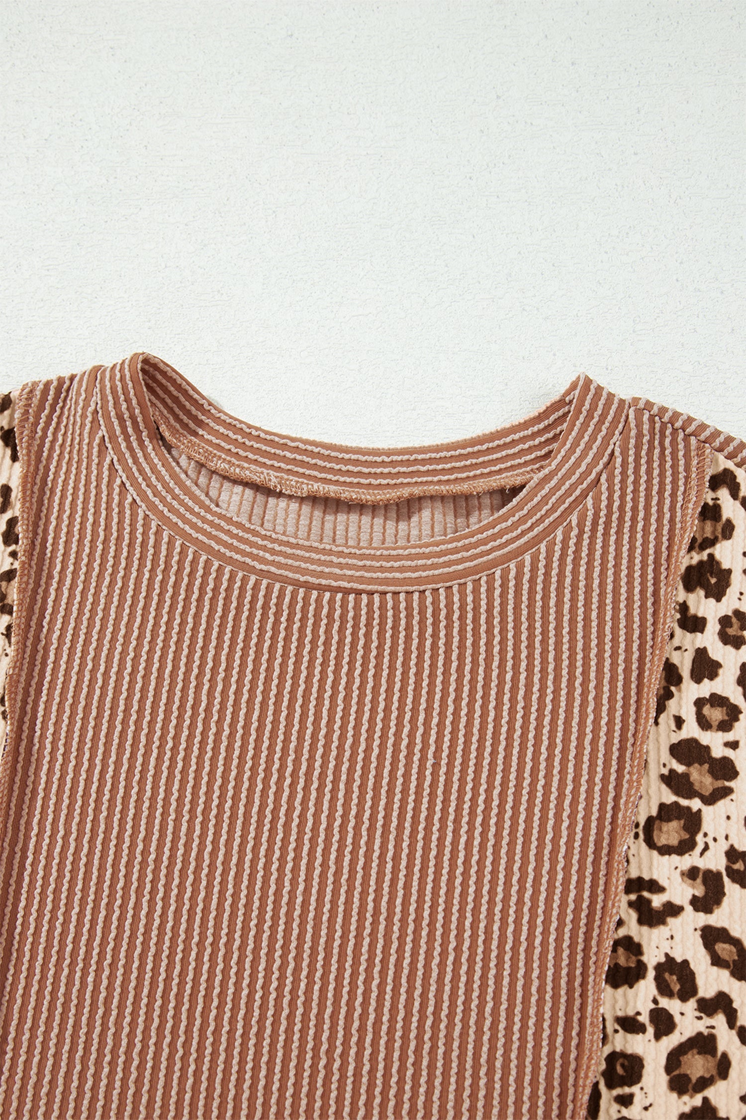 Leopard Colorblock Reverse Seam Corded Knit Long Sleeve Top