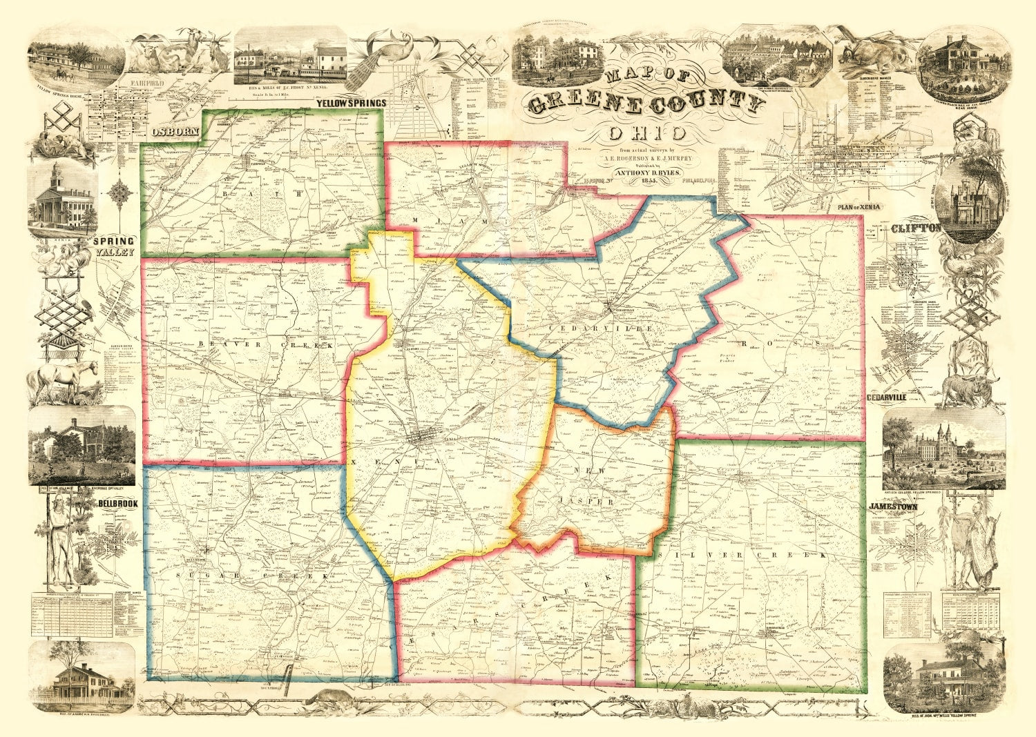 Vintage Map of Greene County, Ohio 1855