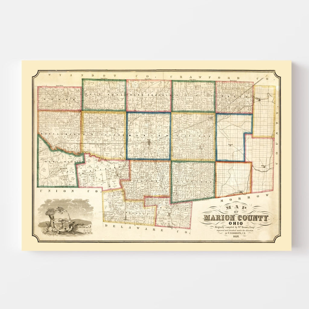 Vintage Map of Marion County, Ohio 1852