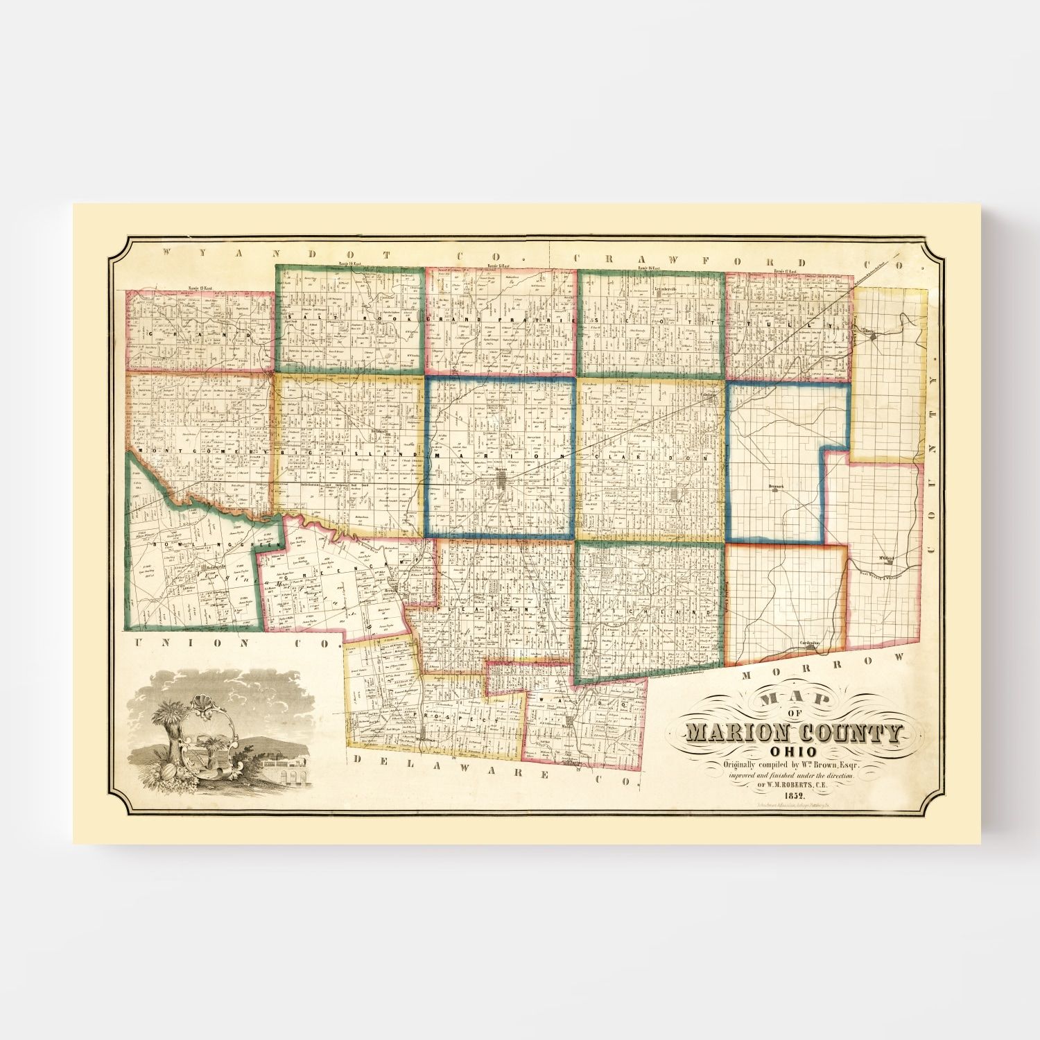 Vintage Map of Marion County, Ohio 1852