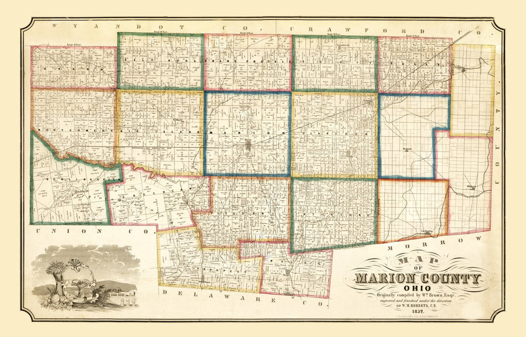 Vintage Map of Marion County, Ohio 1852