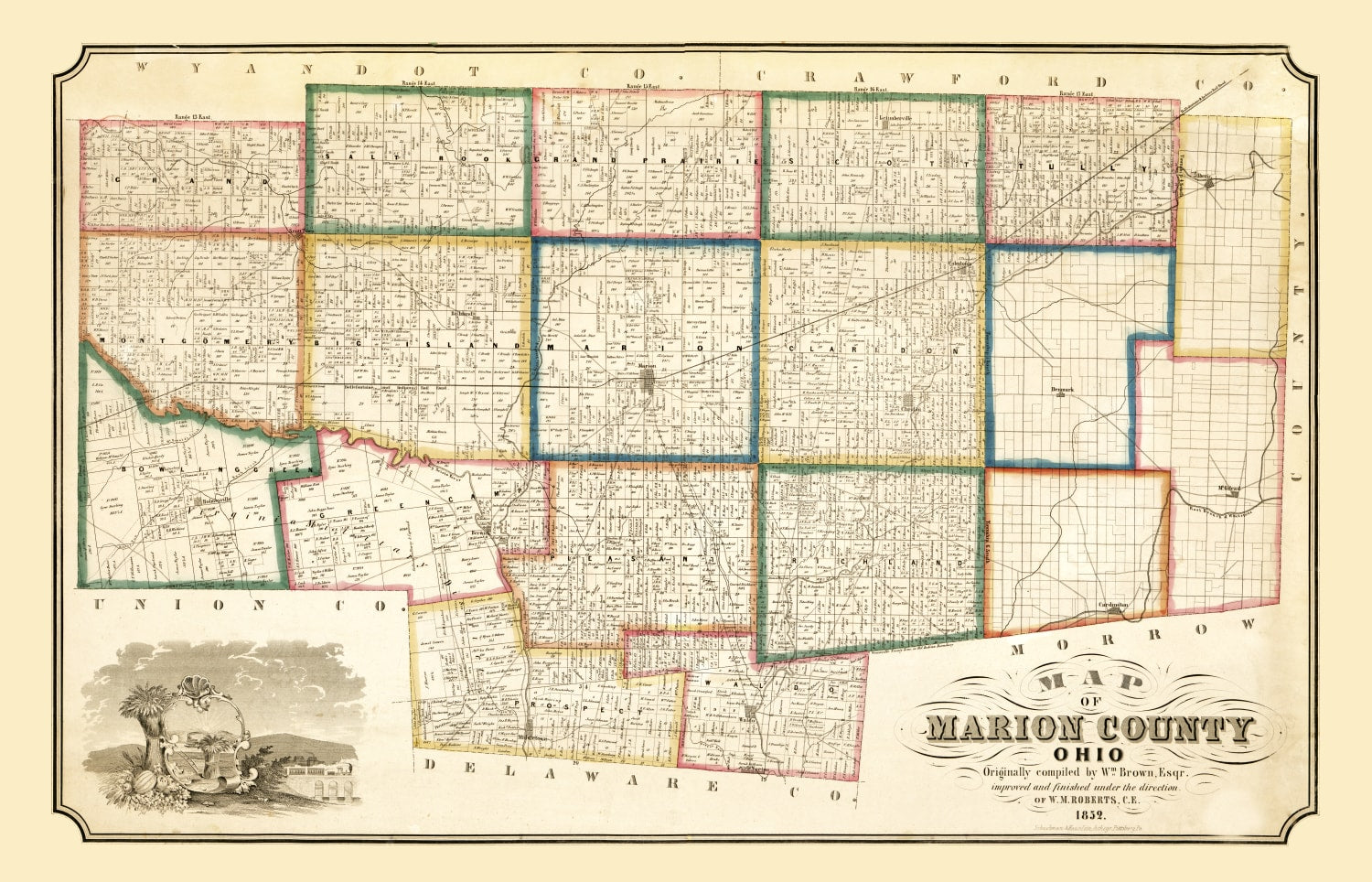 Vintage Map of Marion County, Ohio 1852