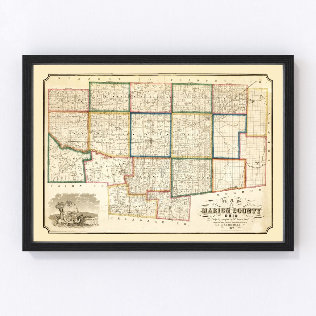 Vintage Map of Marion County, Ohio 1852