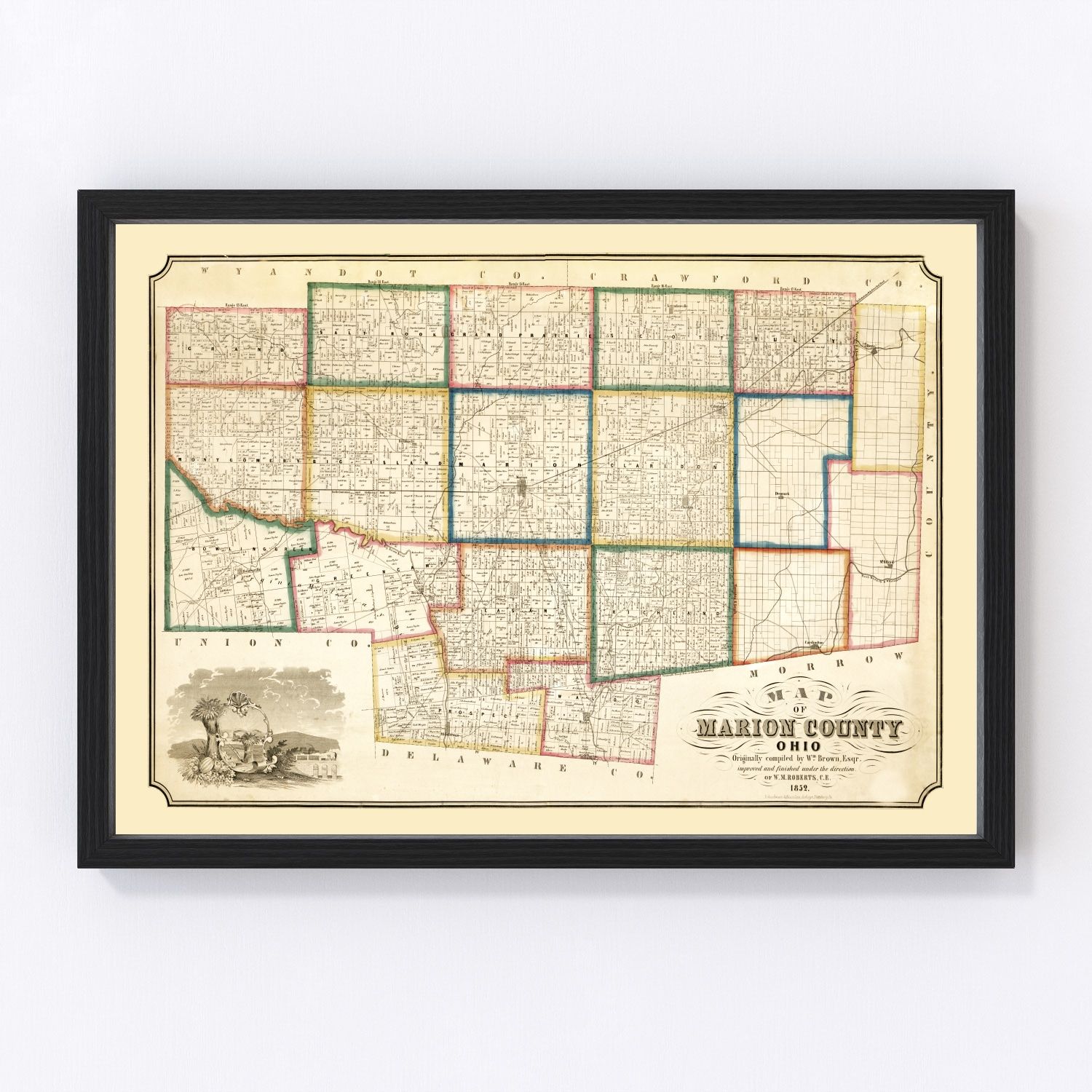Vintage Map of Marion County, Ohio 1852