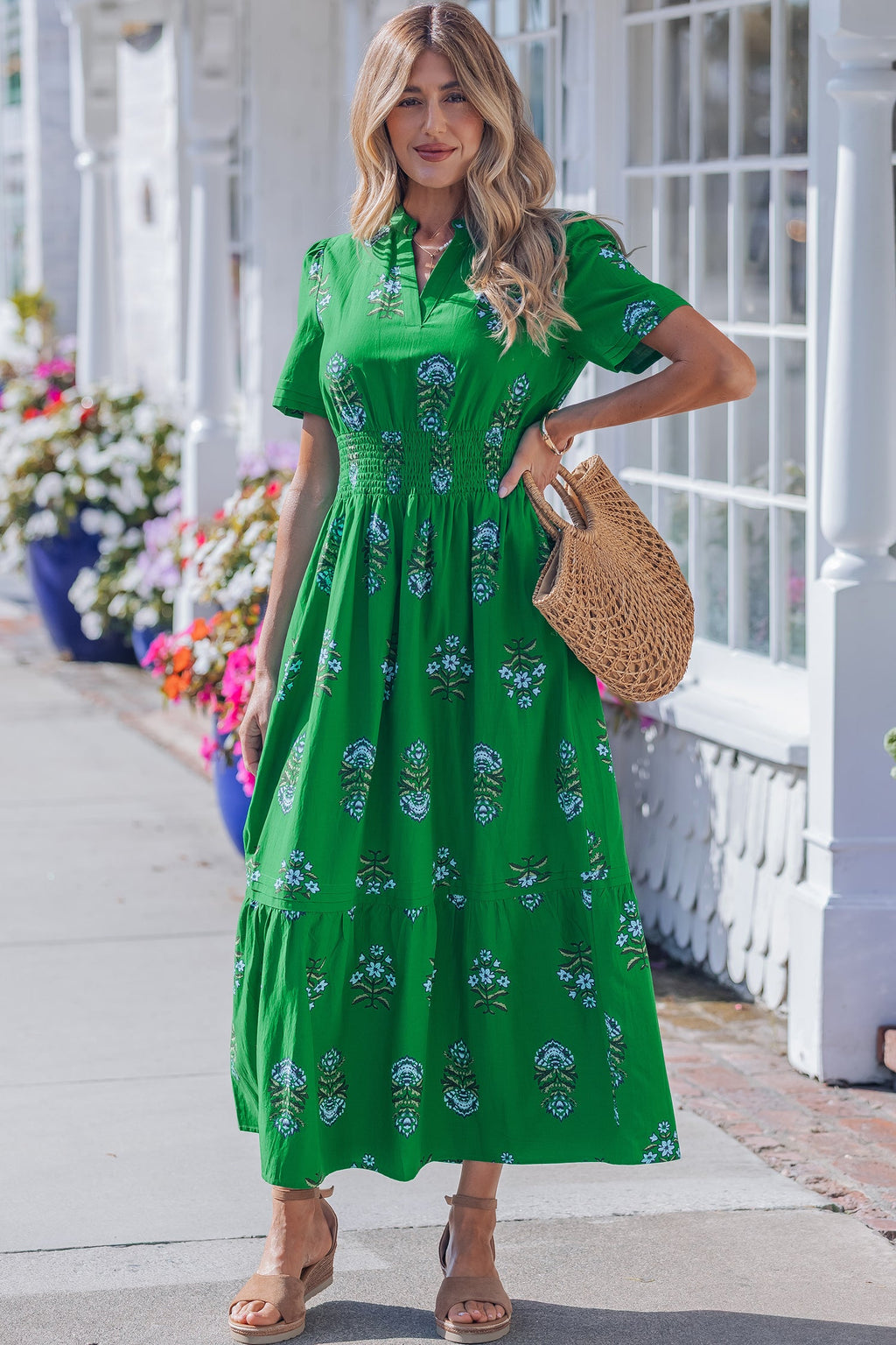 Floral Split Neck Shirred High Waist Maxi Dress