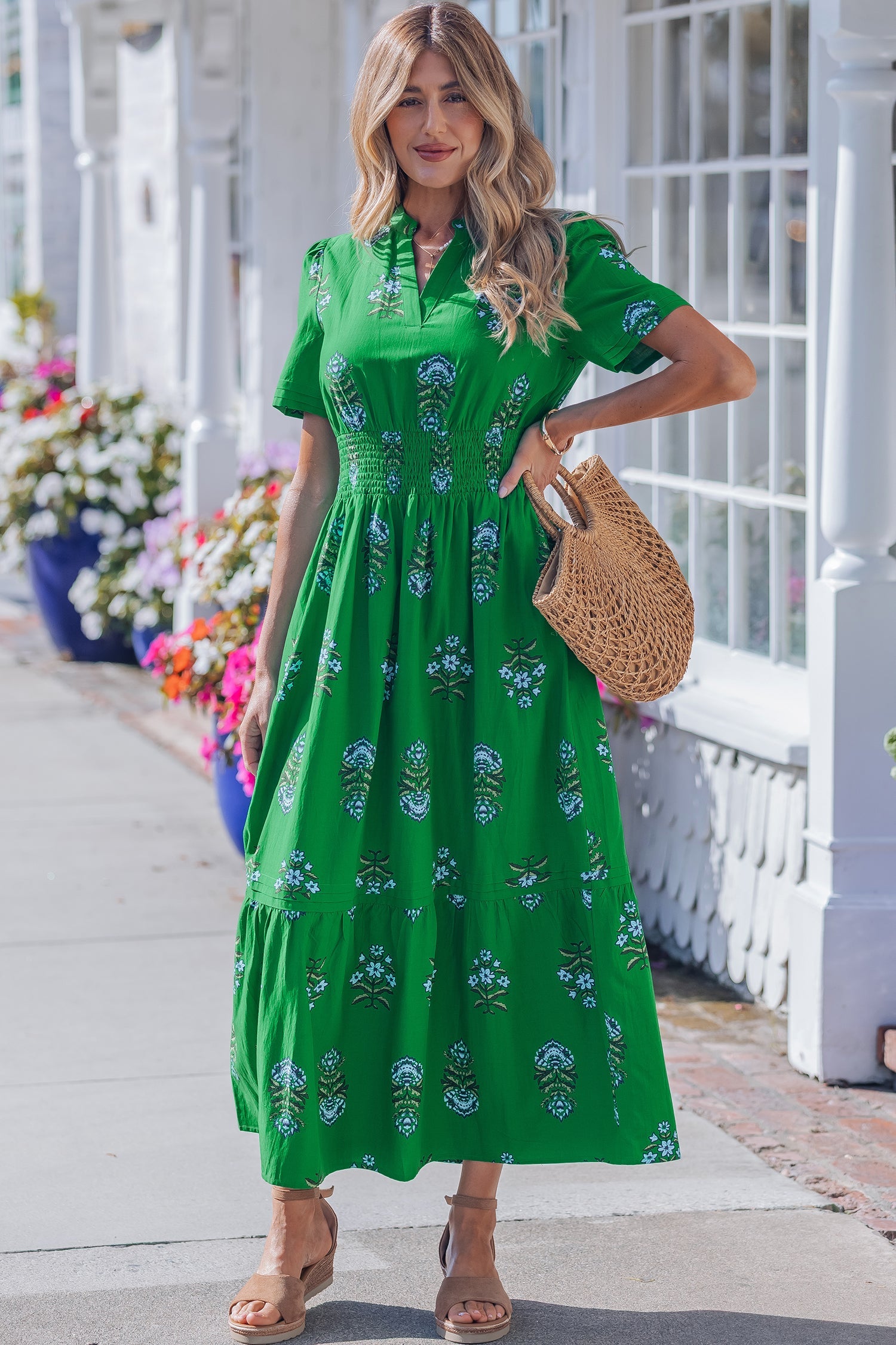 Floral Split Neck Shirred High Waist Maxi Dress