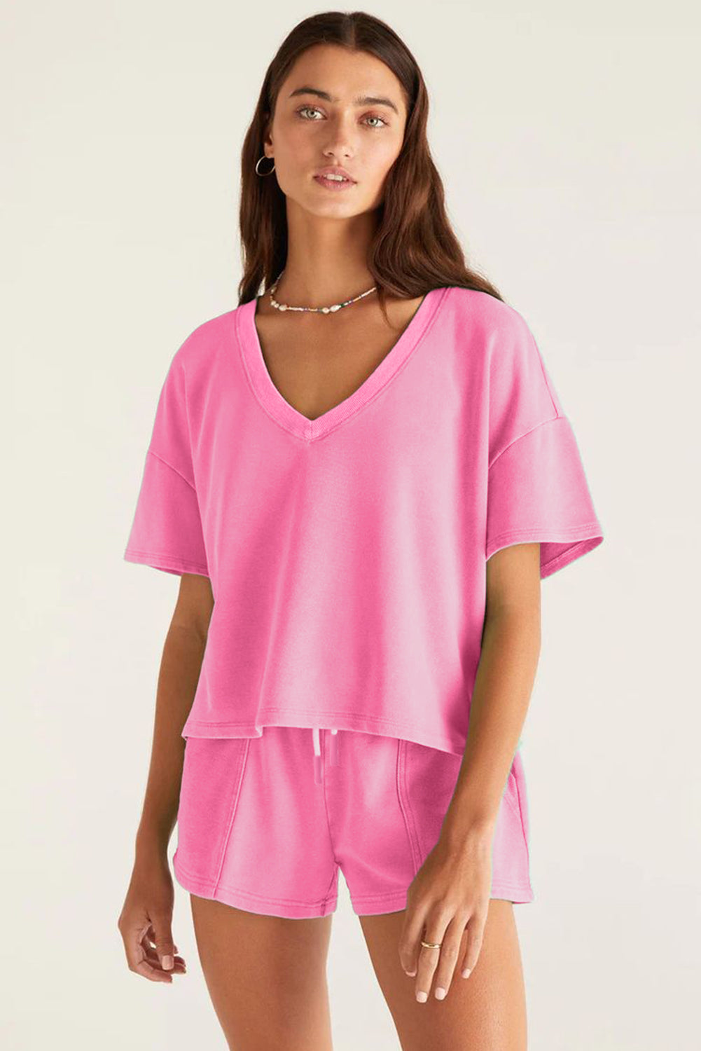 Pink V-neck Drop Shoulder T-shirt and Shorts Outfit Set