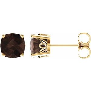 14K Yellow Gold 6x6 mm Cushion Natural Smoky Quartz Earrings