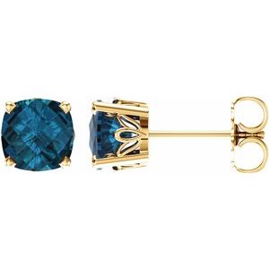 14K Yellow Gold 6x6 mm Cushion Natural London Blue Topaz Earrings