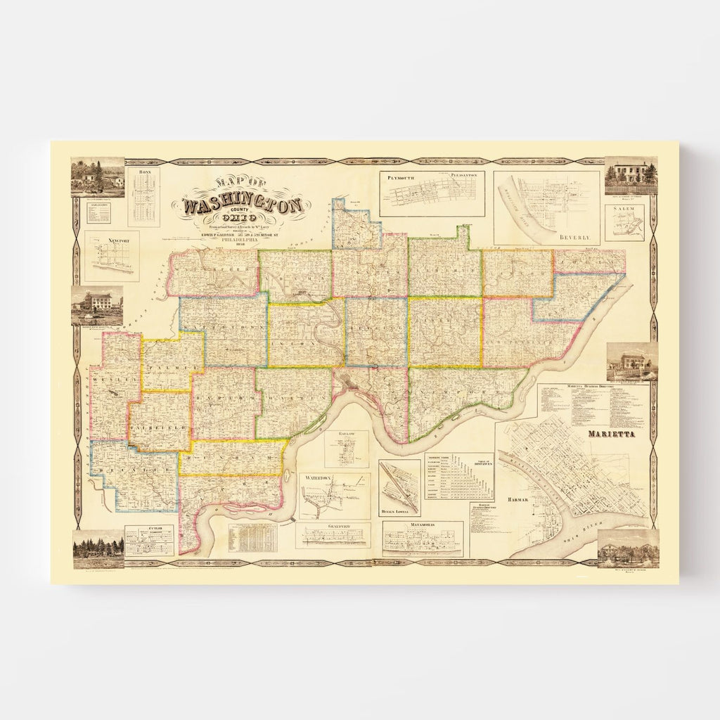 Vintage Map of Washington County, Ohio 1858