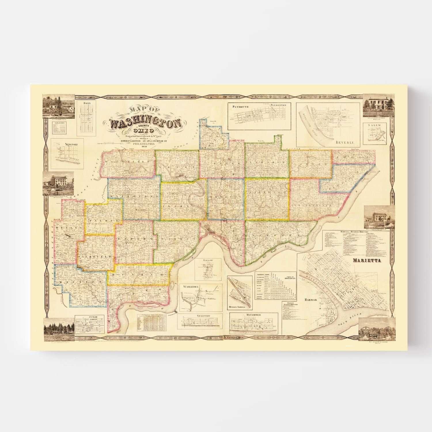 Vintage Map of Washington County, Ohio 1858